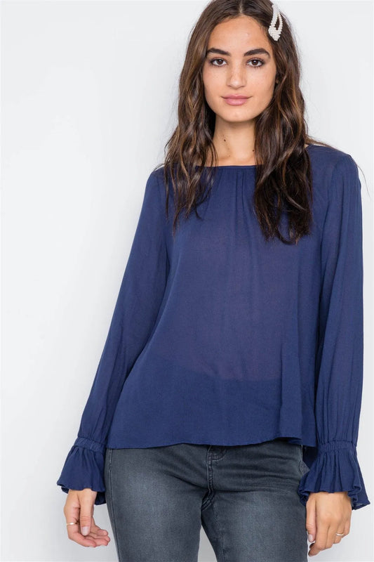 Navy Long Sleeve Solid Ruffle Sleeves Top /2-2-2 - Tasha Apparel Wholesale
