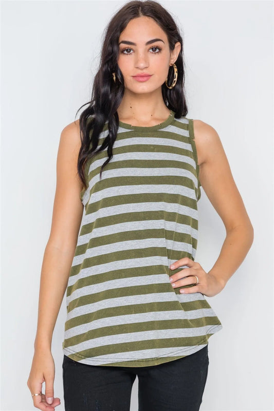 Olive Color-Block Distressed Striped Muscle Tank Top /2-2-2 - Tasha Apparel Wholesale