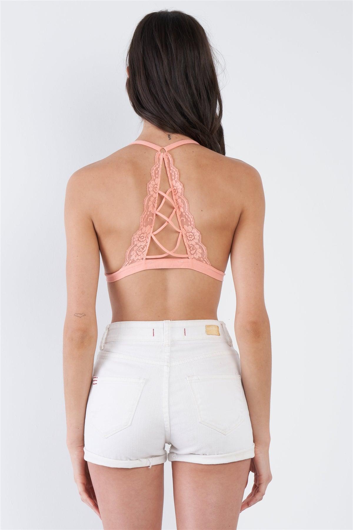 Blush Pink Cut Out Lace Up Raserback Floral Lace Bralette   /3-2-1