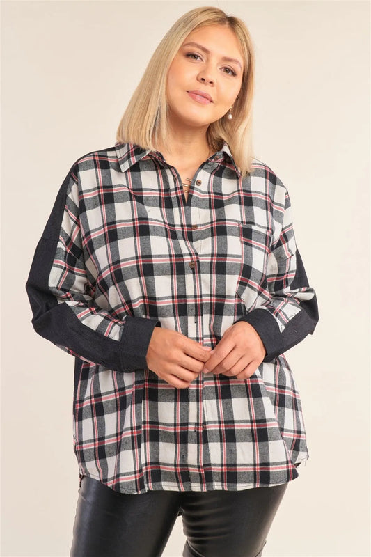 Junior Plus Size Ivory Checkered Denim Cut-In Shirt /2-2-2 - Tasha Apparel Wholesale