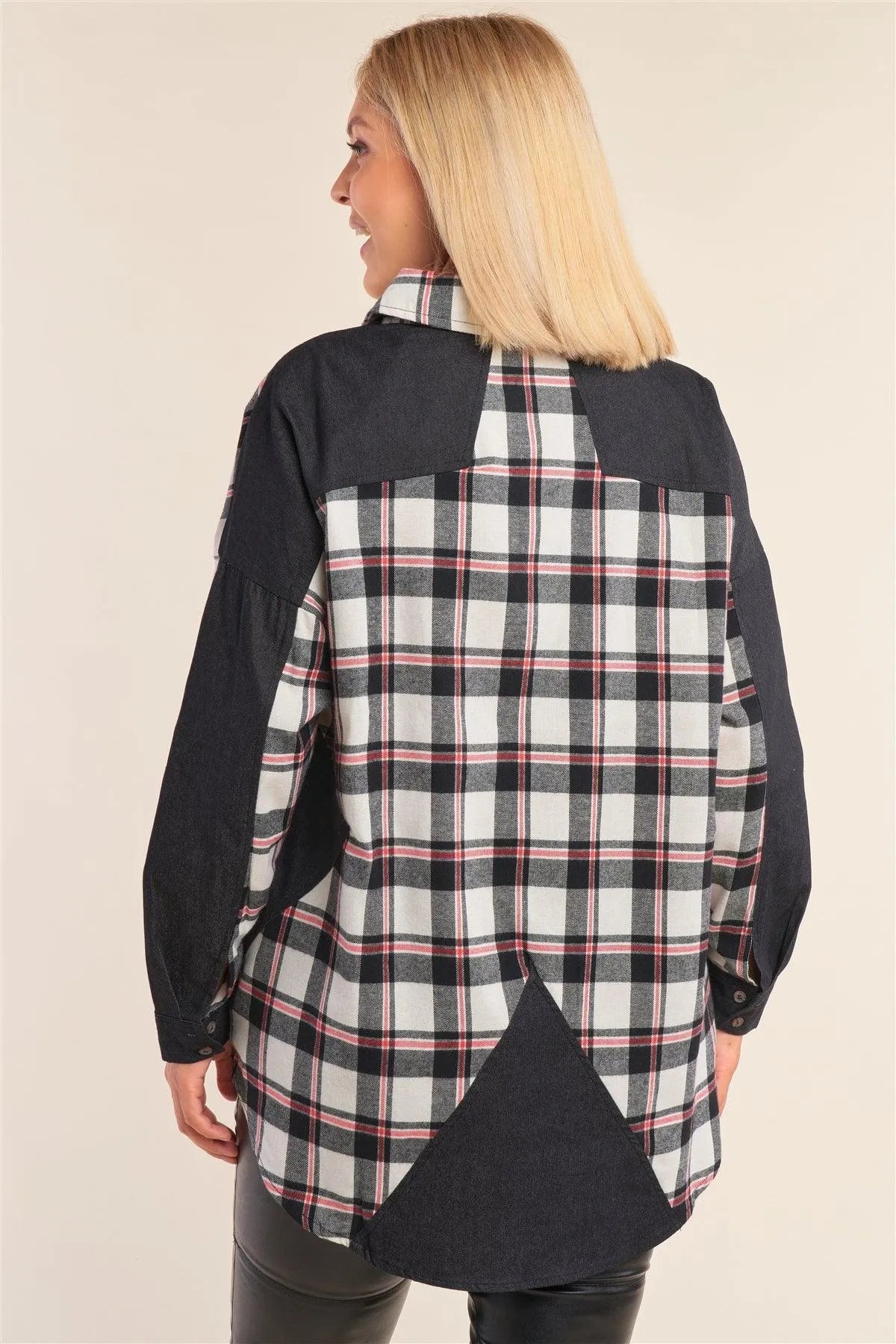 Junior Plus Size Ivory Checkered Denim Cut-In Shirt /2-2-2 - Tasha Apparel Wholesale