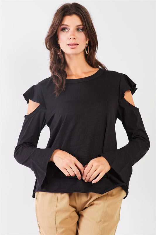 Black Cut-Out Shoulder Bell Sleeve Raw Edge Top /1-1-2 - Tasha Apparel Wholesale