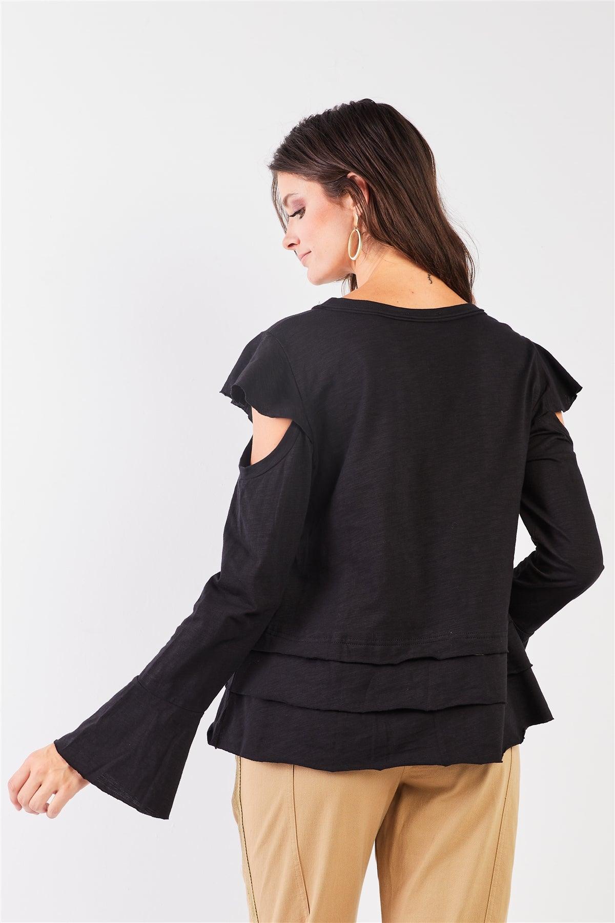 Black Cut-Out Shoulder Bell Sleeve Raw Edge Detail Layered Hem Top /1-1-2