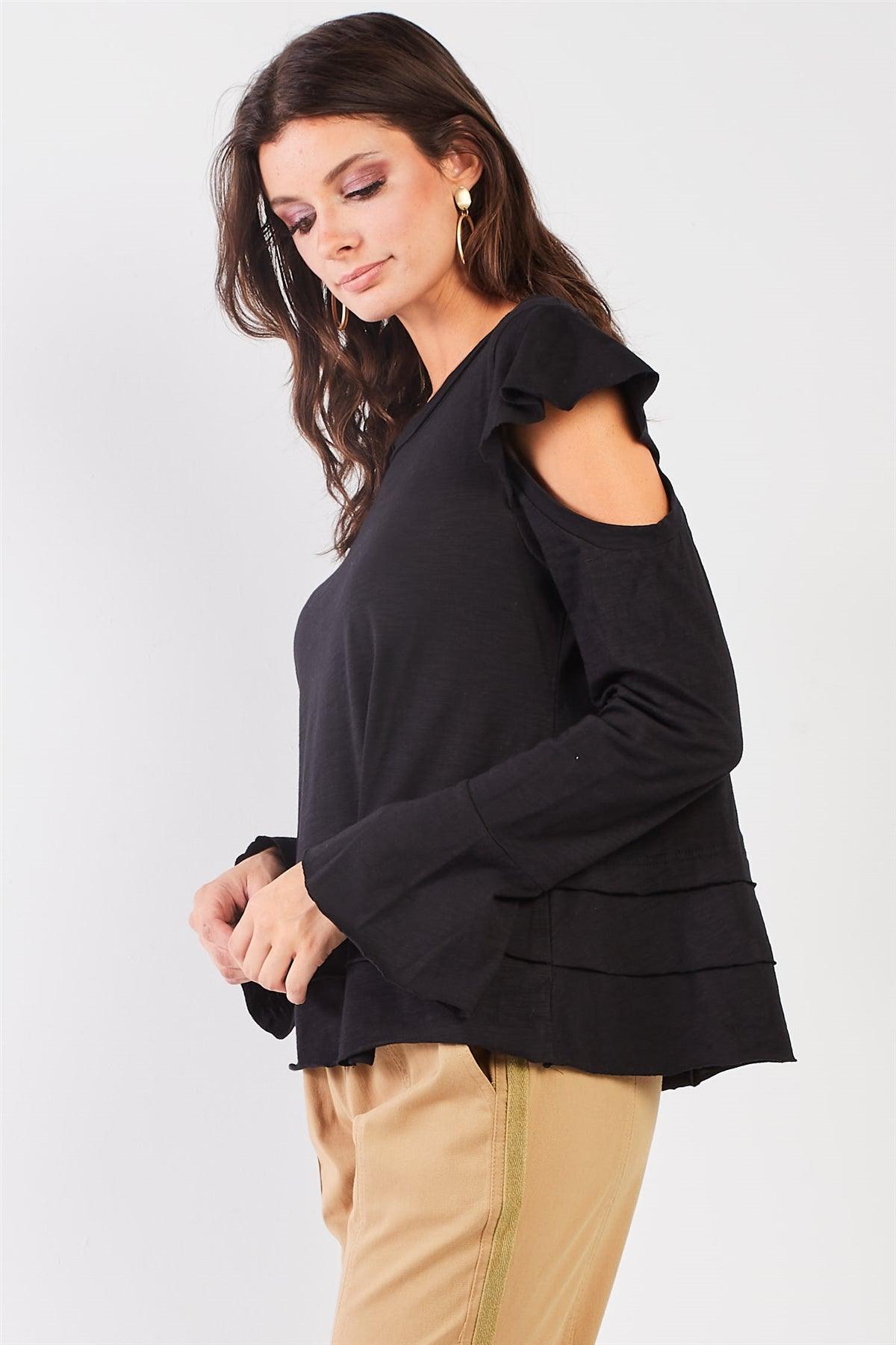 Black Cut-Out Shoulder Bell Sleeve Raw Edge Detail Layered Hem Top /1-1-2