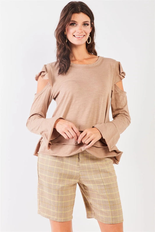 Taupe Cut-Out Shoulder Bell Sleeve Raw Edge Detail Layered Hem Top /2-2-2 - Tasha Apparel Wholesale