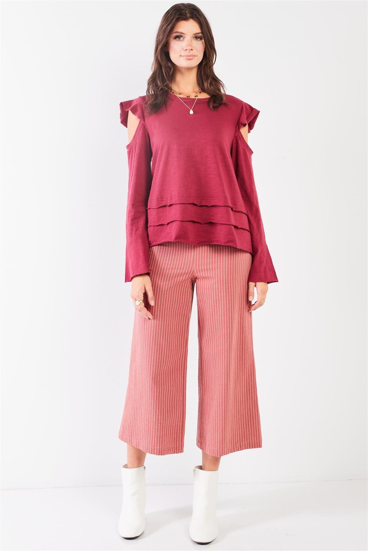 Wine Cut-Out Shoulder Bell Sleeve Raw Edge Detail Layered Hem Top /1-1-2