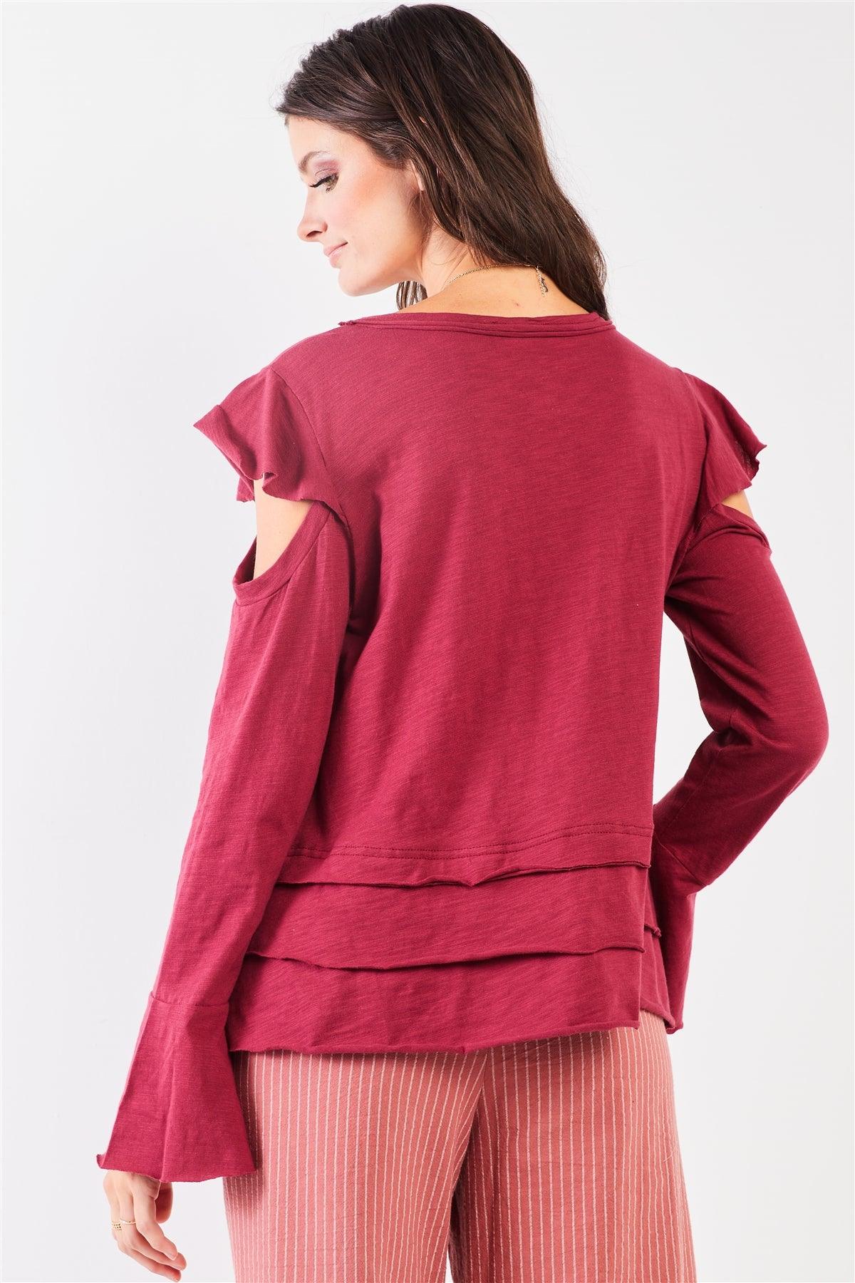 Wine Cut-Out Shoulder Bell Sleeve Raw Edge Detail Layered Hem Top /1-1-2