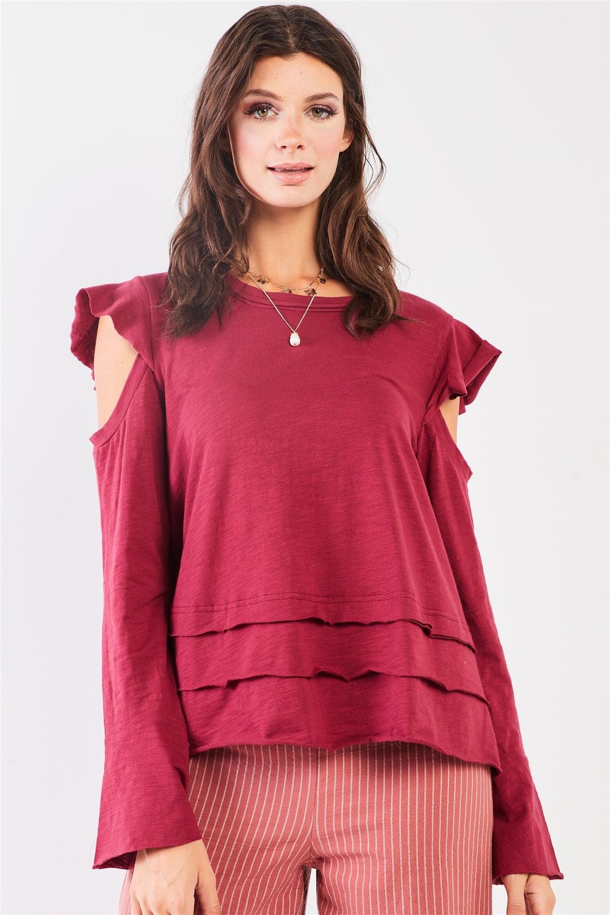 Wine Cut-Out Shoulder Bell Sleeve Raw Edge Detail Layered Hem Top /2-2-2
