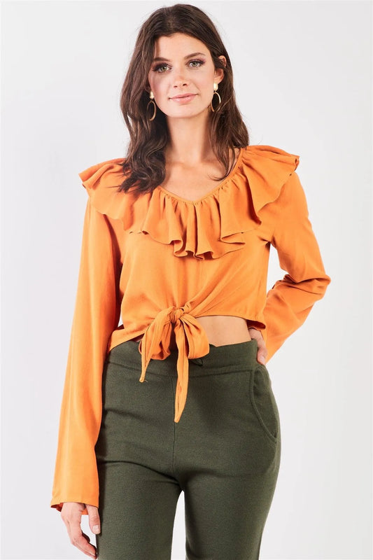 Papaya Victorian Collar Wide Sleeve Crop Top /2-2-2 - Tasha Apparel Wholesale