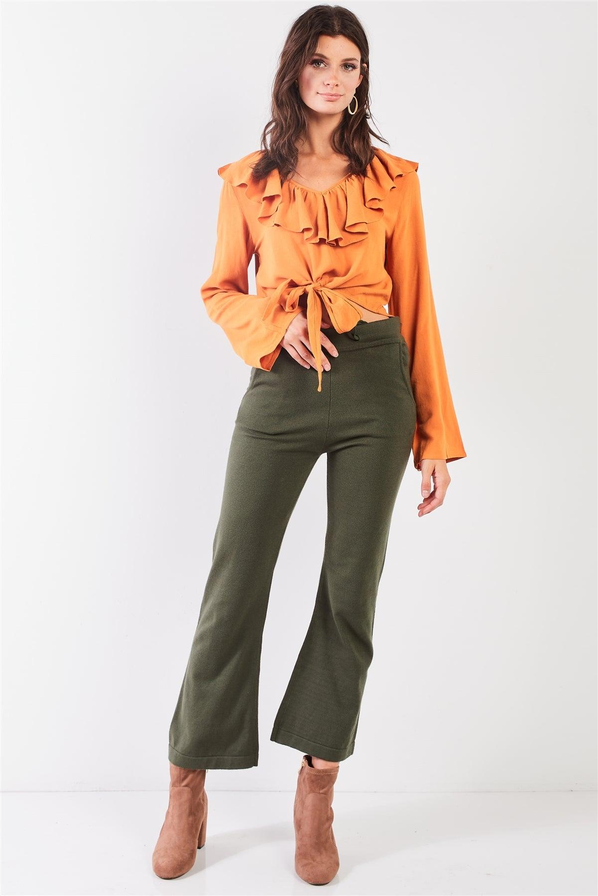 Papaya Orange Victorian Frill Collar Trim Wide Long Sleeve Self-Tie Front Detail Crop Top /2-2-2