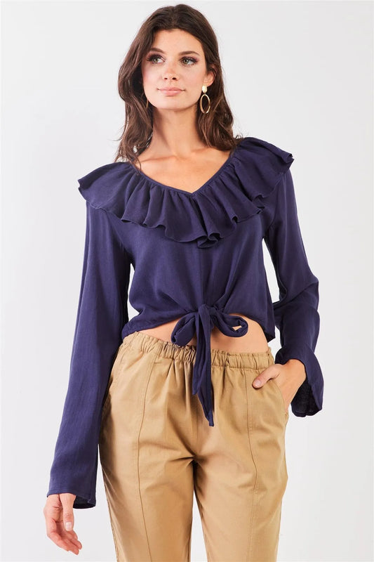 Navy Victorian Collar Self-Tie Front Crop Top /2-2-2 - Tasha Apparel Wholesale