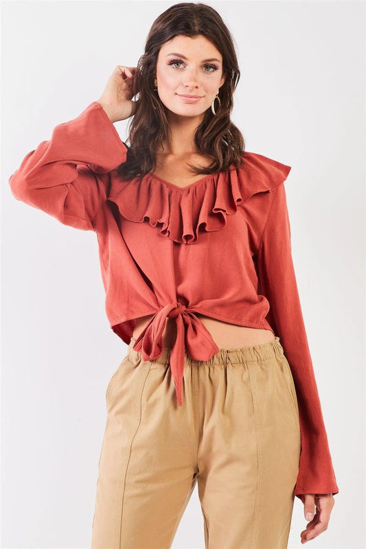 Rust Victorian Collar Self-Tie Front Crop Top /2-2-2 - Tasha Apparel Wholesale