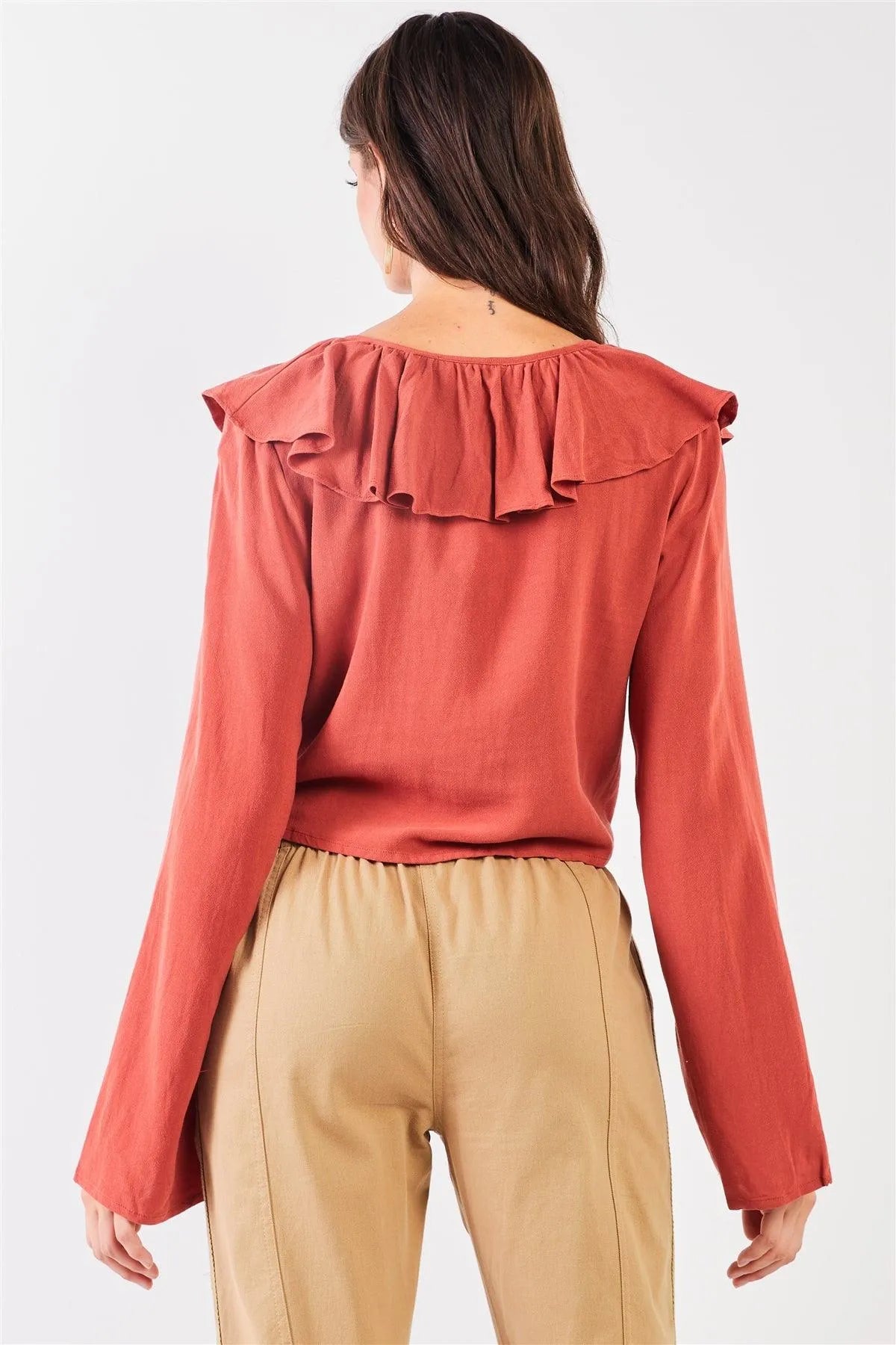Rust Victorian Collar Self-Tie Front Crop Top /2-2-2 - Tasha Apparel Wholesale