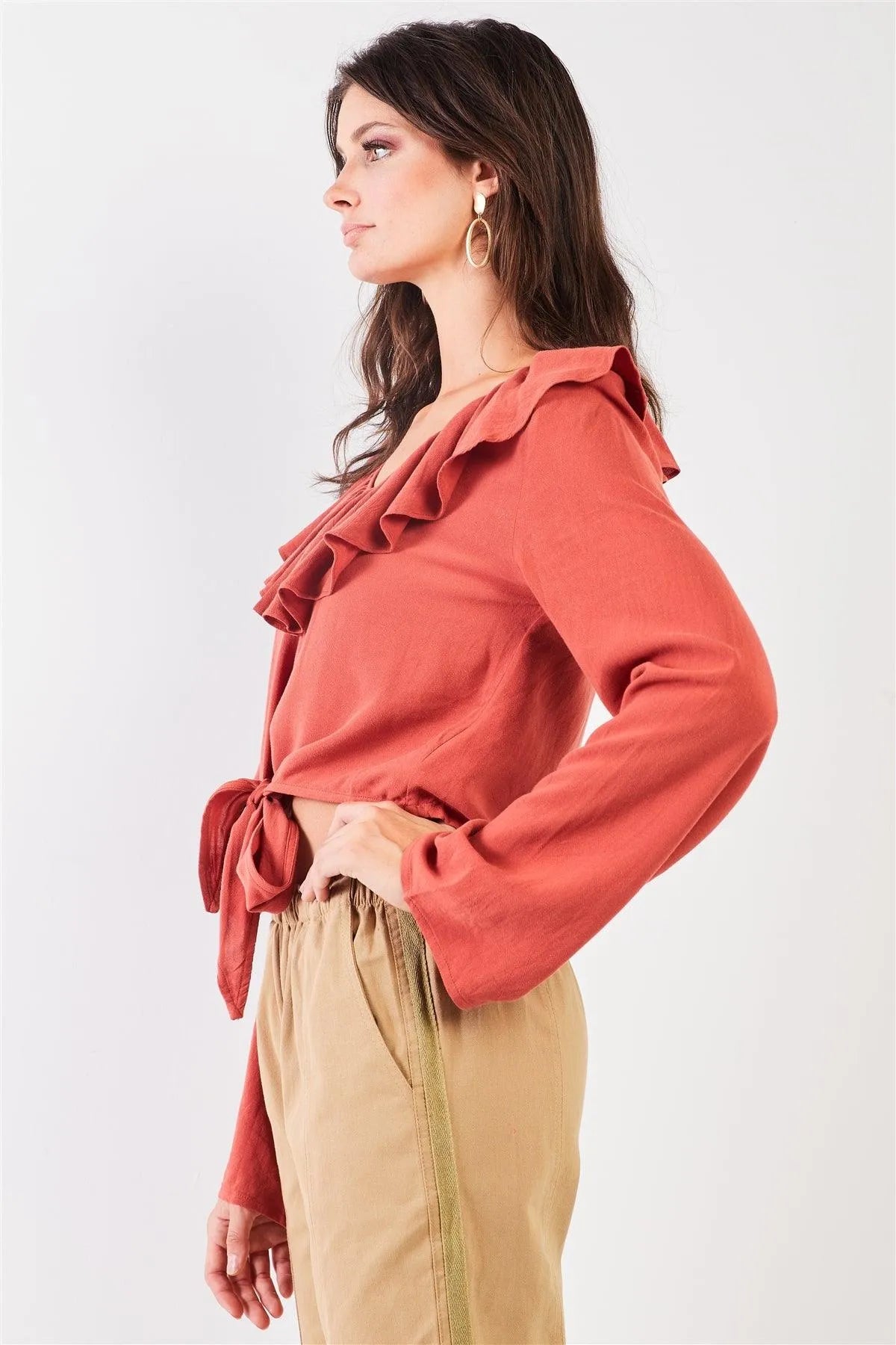 Rust Victorian Collar Self-Tie Front Crop Top /2-2-2 - Tasha Apparel Wholesale