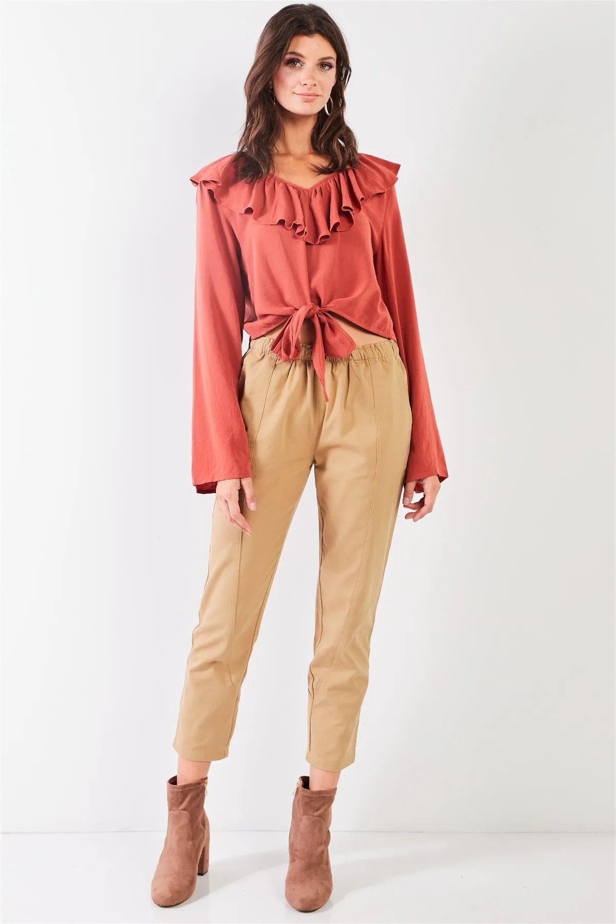 Rust Victorian Collar Self-Tie Front Crop Top /2-2-2 - Tasha Apparel Wholesale