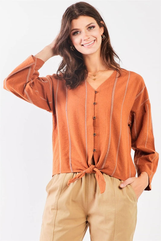 Carrot Striped Button-Down Self-Tie Cotton Shirt Top /2-2-2 - Tasha Apparel Wholesale
