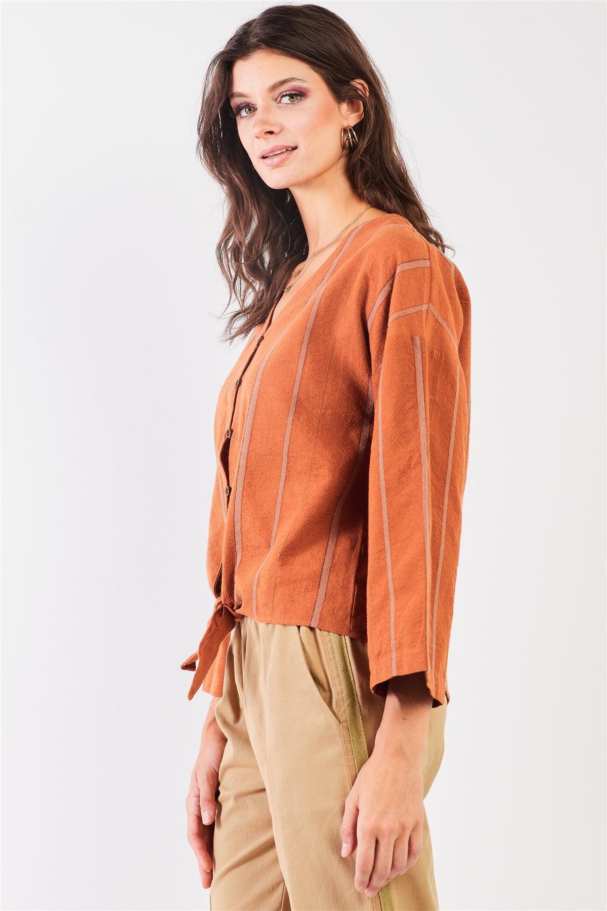 Carrot Striped V-Neck Button-Down Trim Self-Tie Detail Wide Long Sleeve Cotton Shirt Top /2-2-2