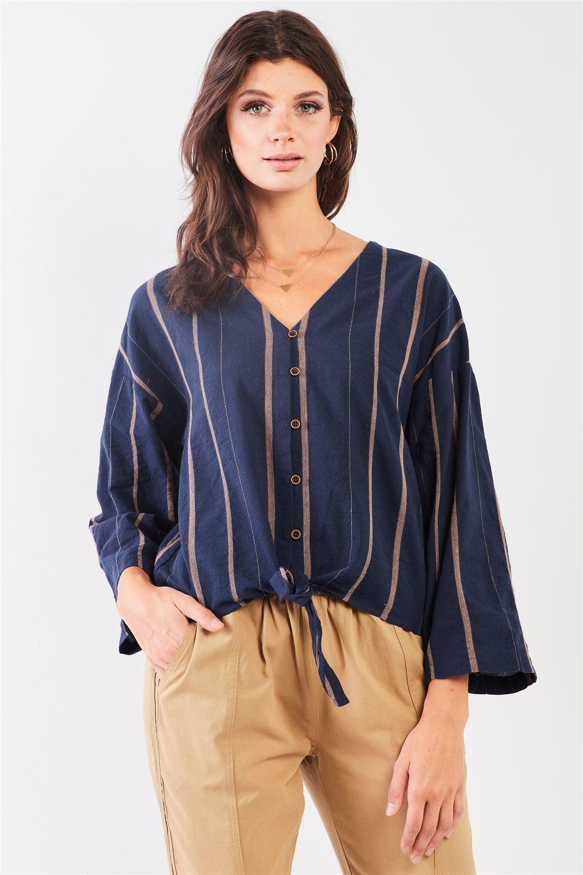 Denim Blue Striped V-Neck Button-Down Trim Self-Tie Detail Wide Long Sleeve Cotton Shirt Top /2-2-2