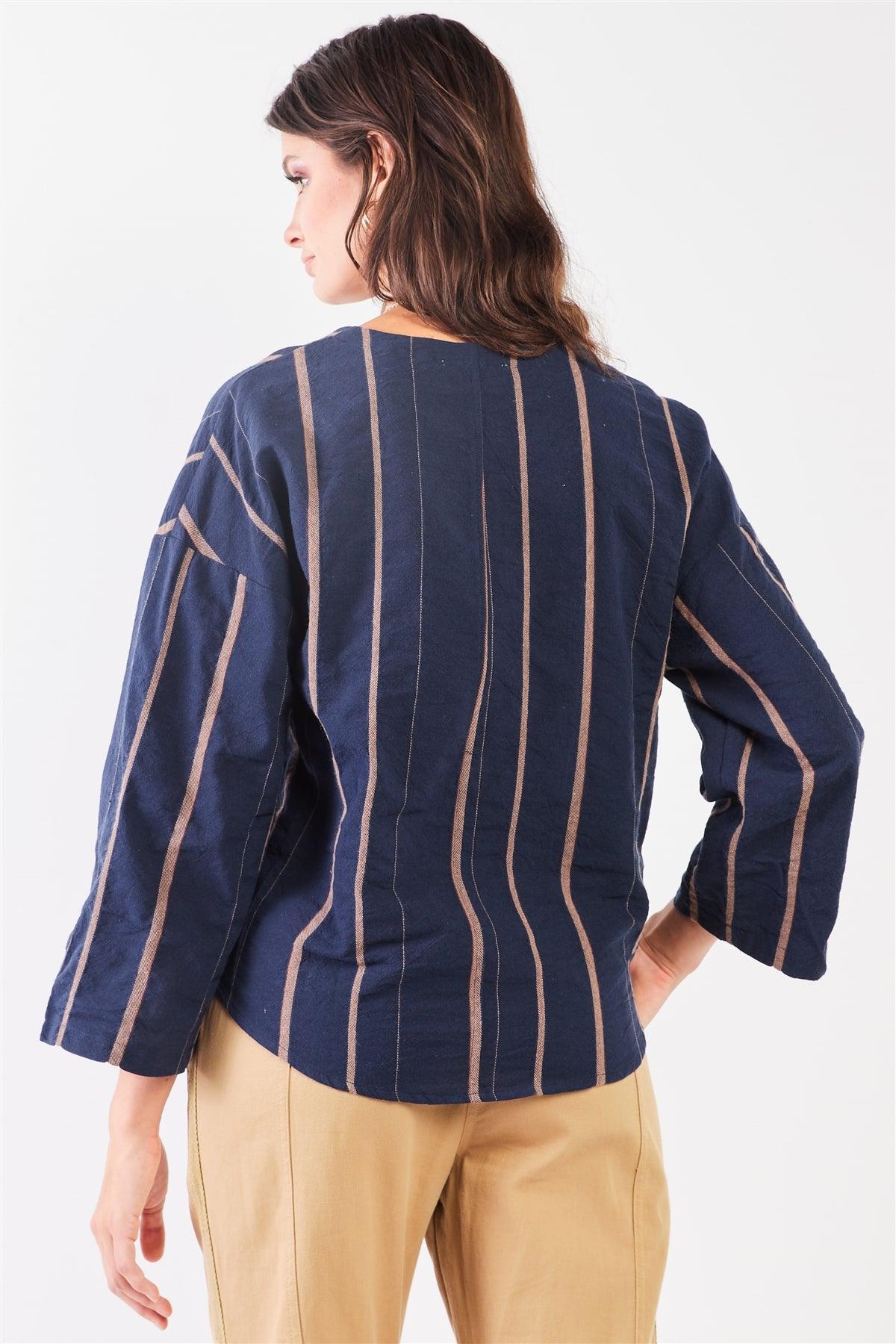Denim Blue Striped V-Neck Button-Down Trim Self-Tie Detail Wide Long Sleeve Cotton Shirt Top /2-2-2