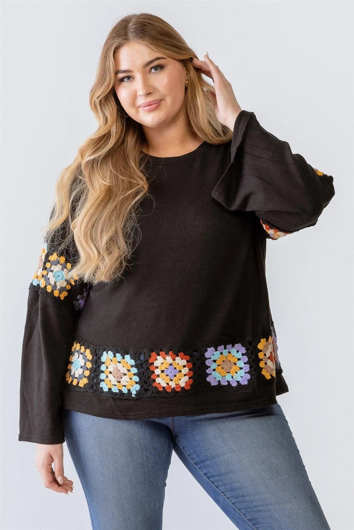 Junior Plus Black Knit Embroidery Detail Long Sleeve Sweater /3-2-1 - Tasha Apparel Wholesale