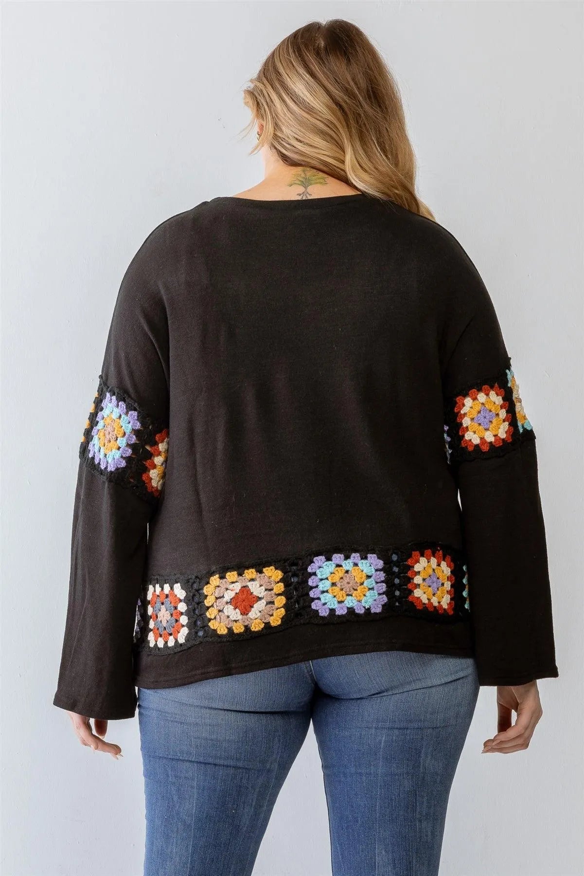 Junior Plus Black Knit Embroidery Detail Long Sleeve Sweater /3-2-1 - Tasha Apparel Wholesale