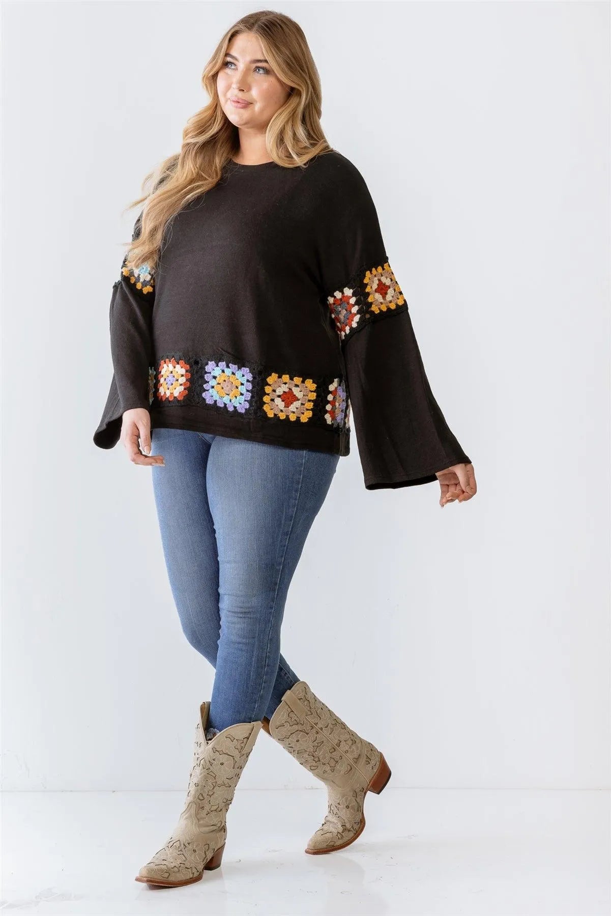 Junior Plus Black Knit Embroidery Detail Long Sleeve Sweater /3-2-1 - Tasha Apparel Wholesale