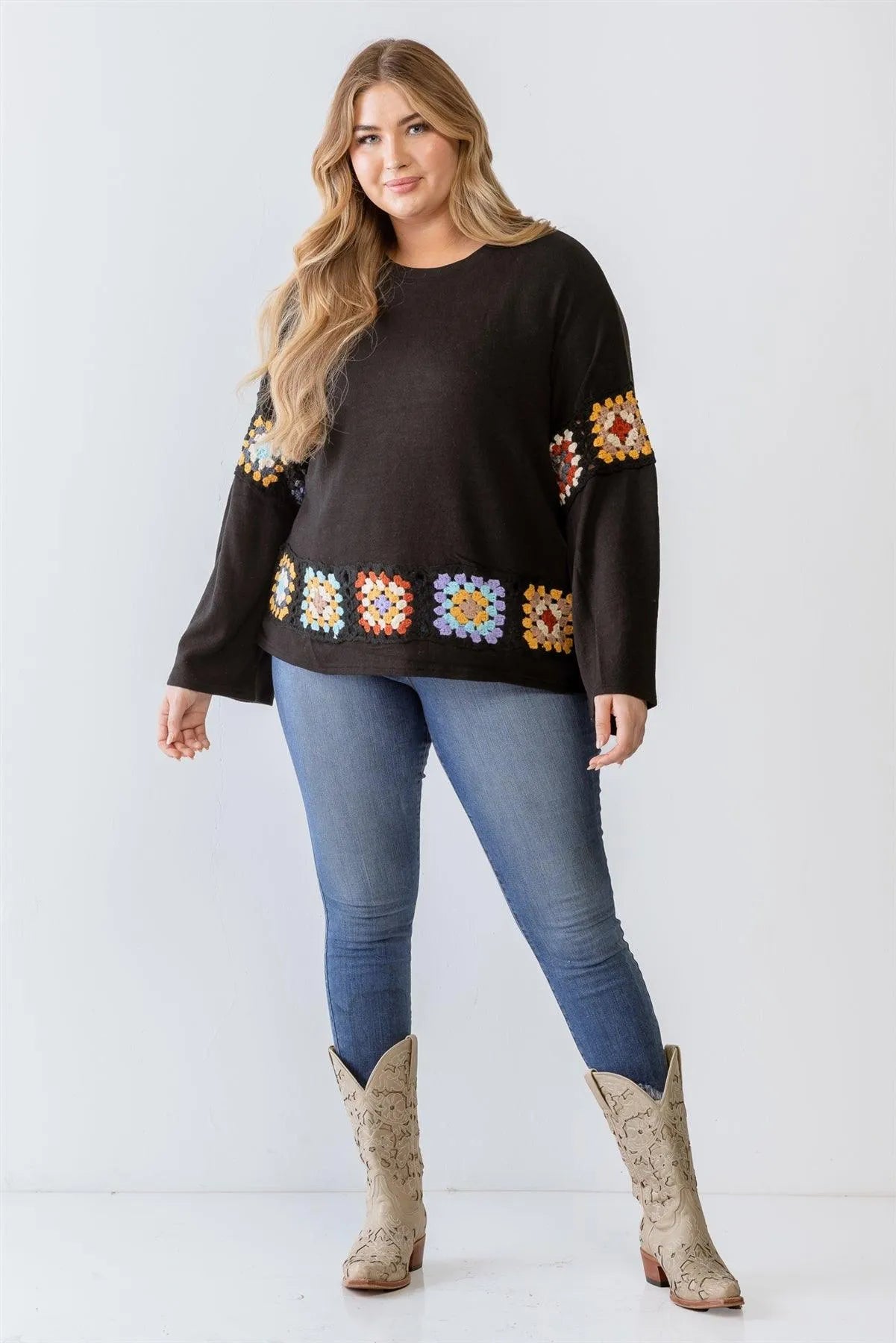 Junior Plus Black Knit Embroidery Detail Long Sleeve Sweater /3-2-1 - Tasha Apparel Wholesale