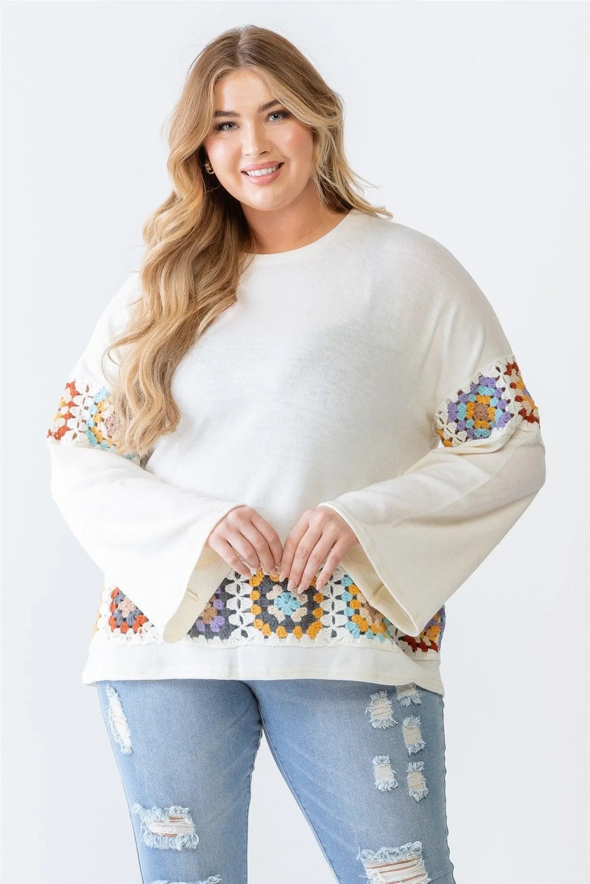 Junior Plus Cream Knit Embroidery Detail Long Sleeve Sweater - Tasha Apparel Wholesale
