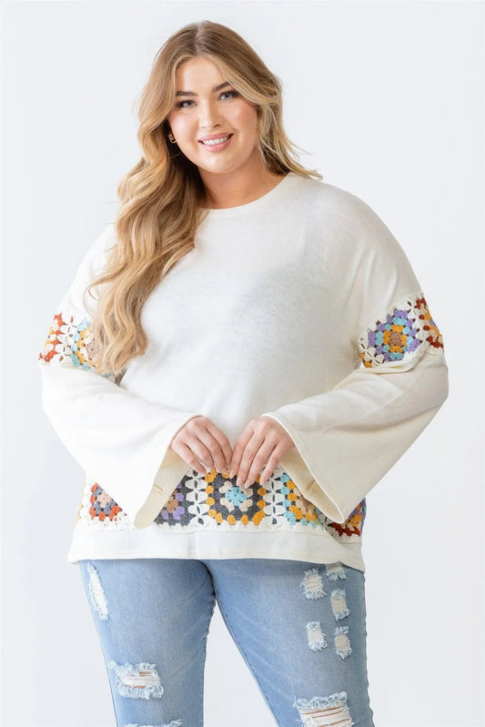 Junior Plus Cream Knit Embroidery Detail Long Sleeve Sweater - Tasha Apparel Wholesale