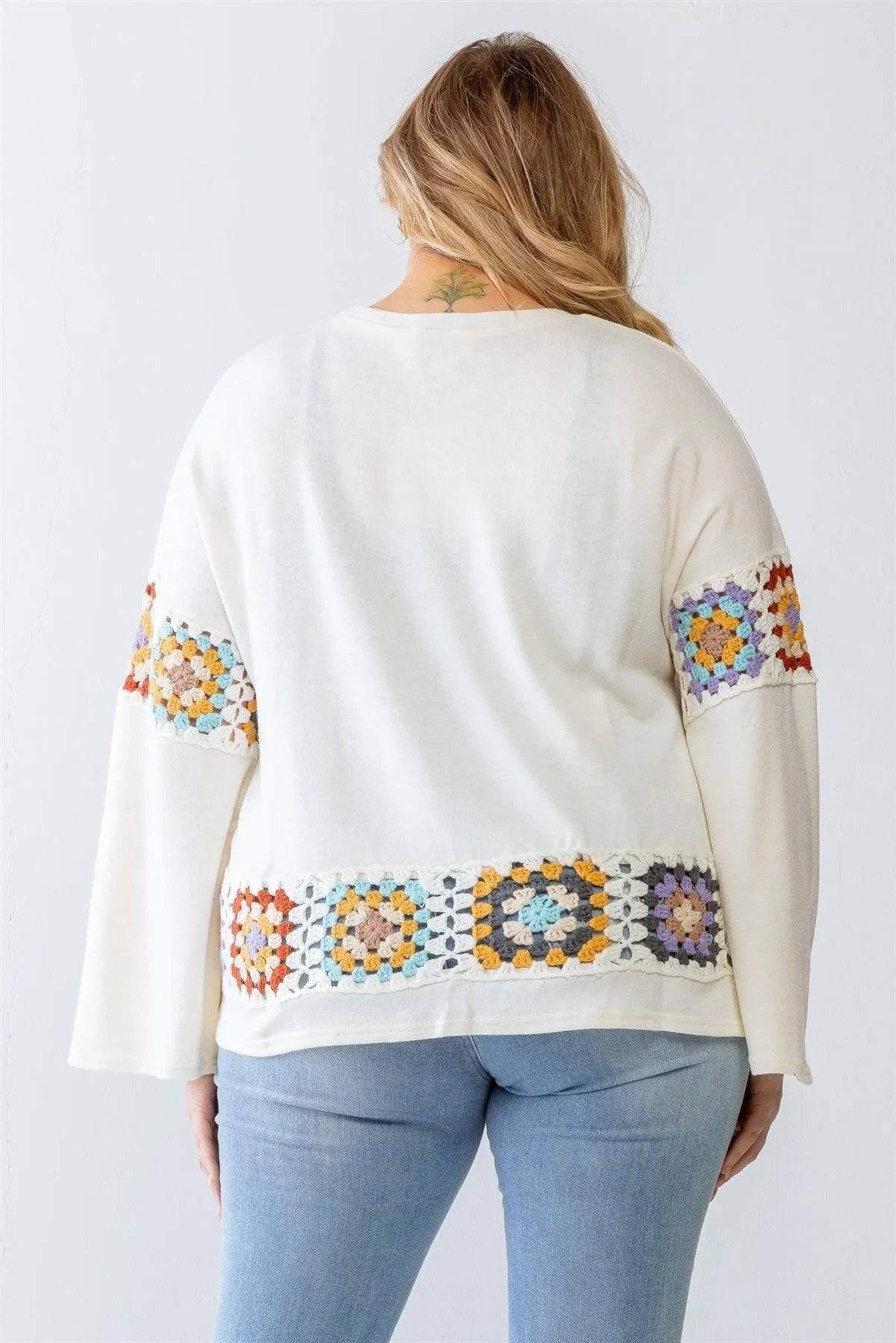 Junior Plus Cream Knit Embroidery Detail Long Sleeve Sweater - Tasha Apparel Wholesale