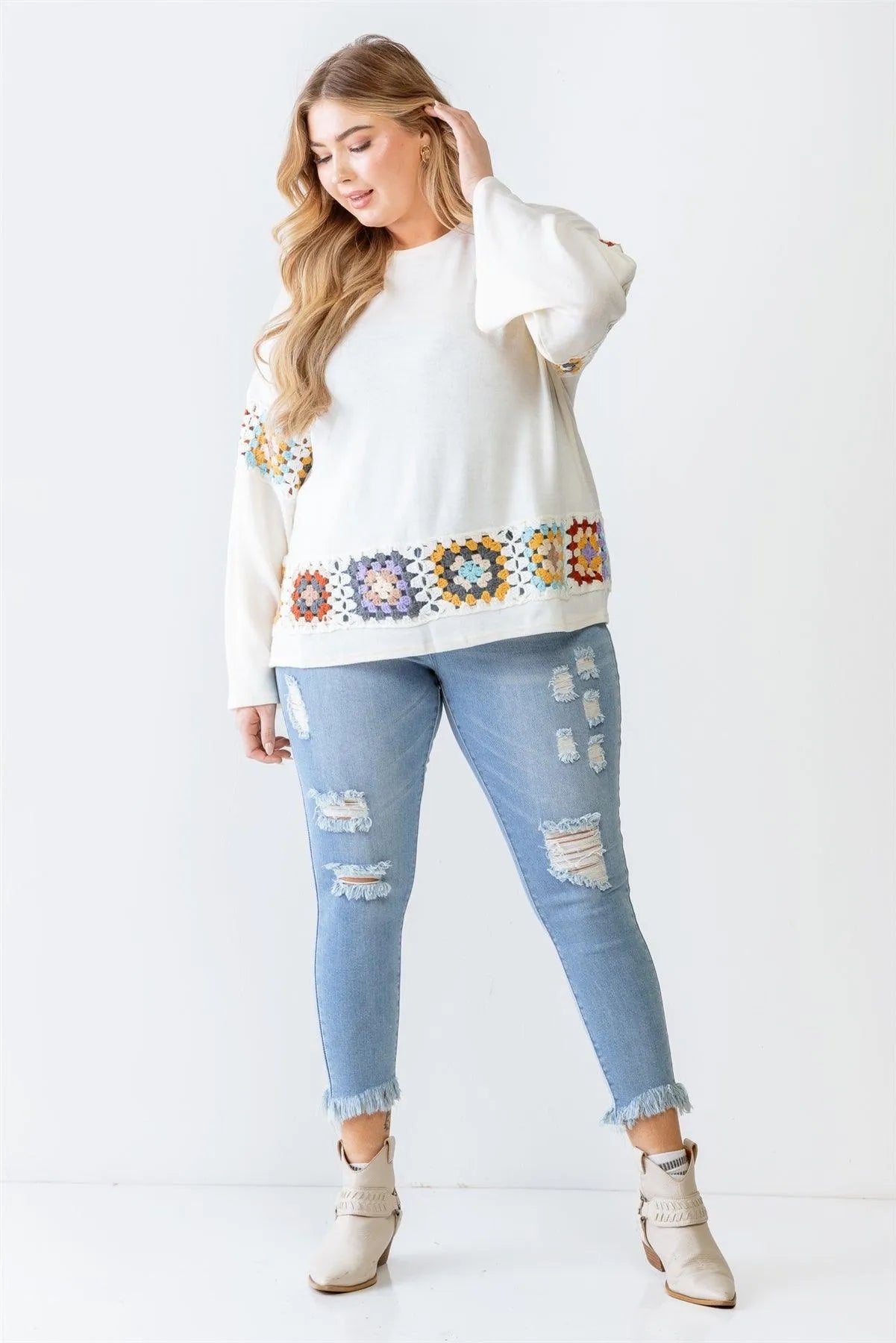 Junior Plus Cream Knit Embroidery Detail Long Sleeve Sweater - Tasha Apparel Wholesale