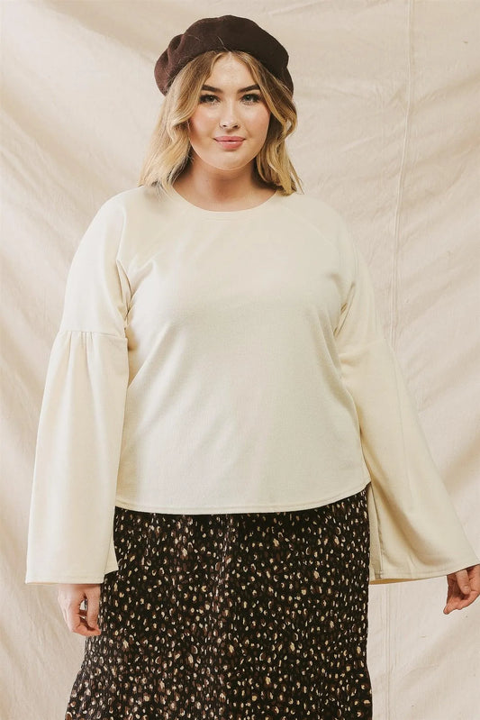 Junior Plus Cream Round Neck Long Sleeve Relax Top /1-1-1 - Tasha Apparel Wholesale