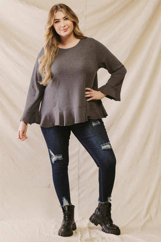 Junior Plus Charcoal Waffle Knit Flare Hem Long Sleeve Top /3-2-1 - Tasha Apparel Wholesale