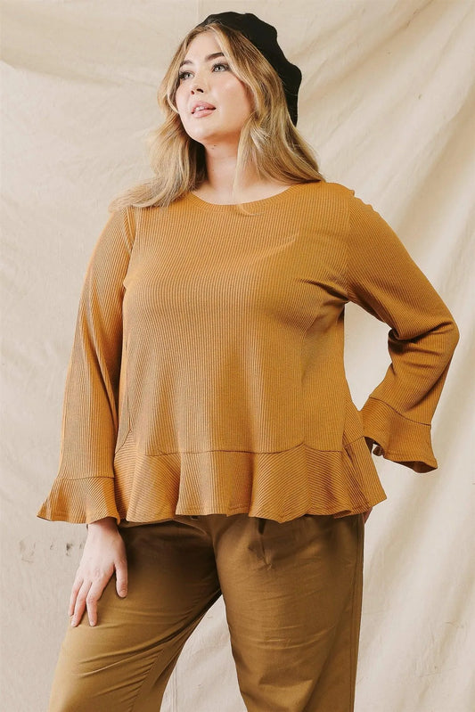 Junior Plus Mustard Waffle Knit Flare Hem Long Sleeve Top /3-2-1 - Tasha Apparel Wholesale