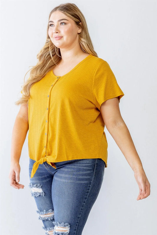 Junior Plus Mustard Ribbed Button-Up Self-Tie Hem Top /3-2-1 - Tasha Apparel Wholesale
