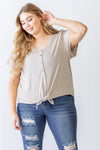 Junior Plus Taupe Ribbed Button-Up Self-Tie Hem Top /3-2-1 - Tasha Apparel Wholesale