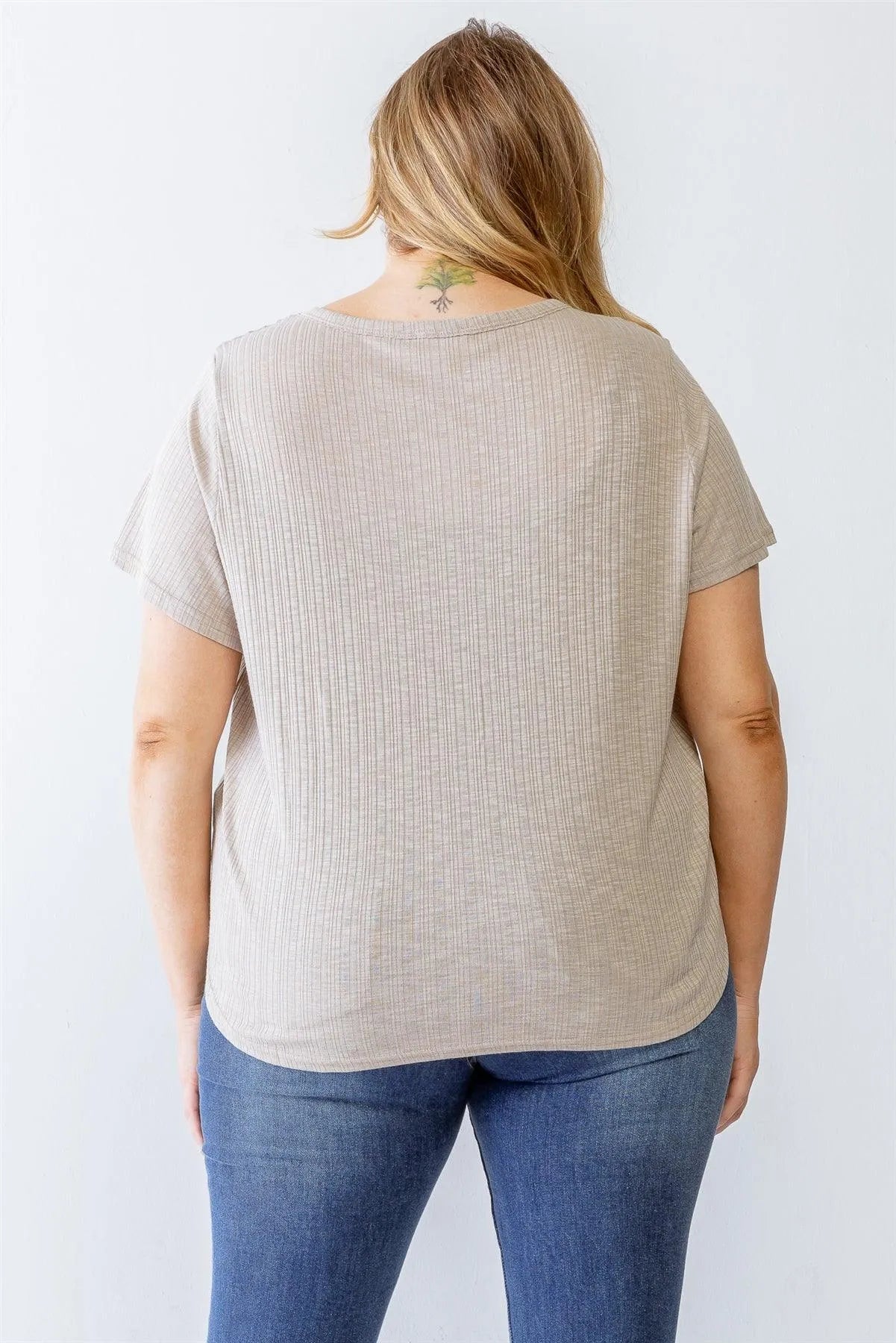 Junior Plus Taupe Ribbed Button-Up Self-Tie Hem Top /3-2-1 - Tasha Apparel Wholesale