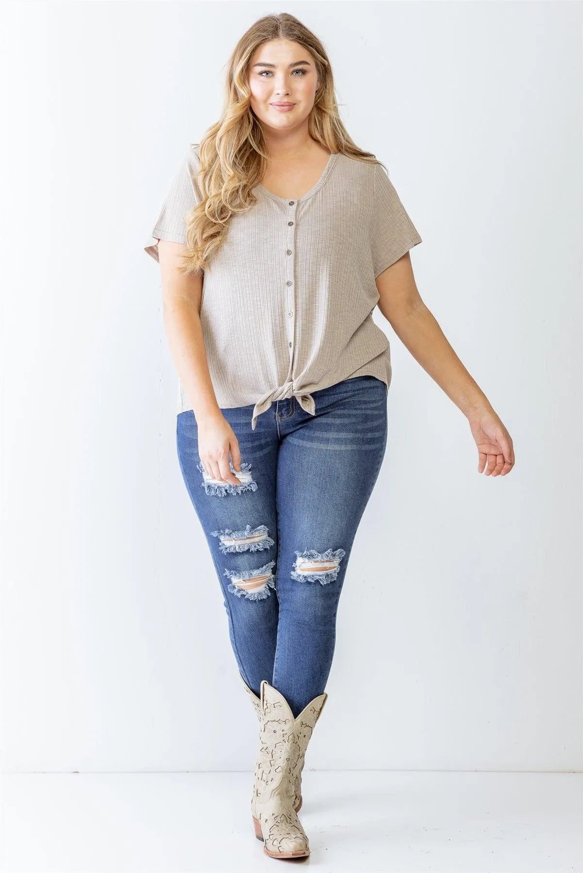 Junior Plus Taupe Ribbed Button-Up Self-Tie Hem Top /3-2-1 - Tasha Apparel Wholesale