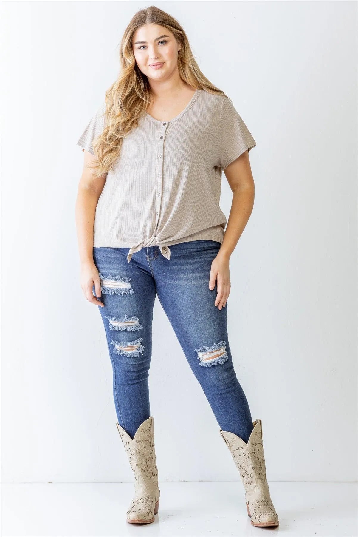 Junior Plus Taupe Ribbed Button-Up Self-Tie Hem Top /3-2-1 - Tasha Apparel Wholesale