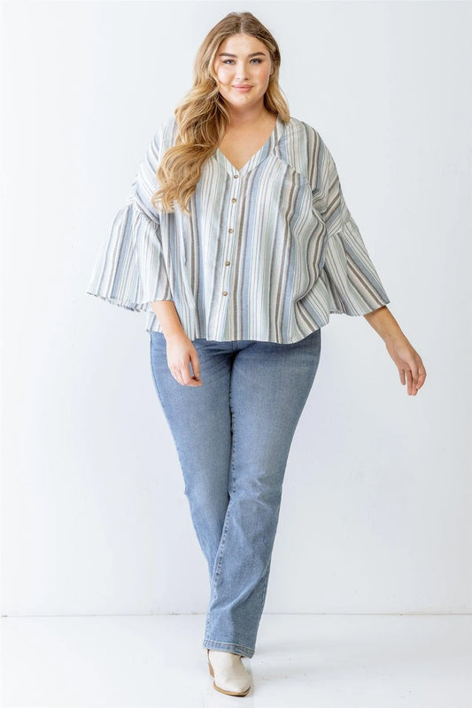 Junior Plus Light Blue Stripe Print Cotton Button-Up Flare Hem Top /1-1-1 - Tasha Apparel Wholesale