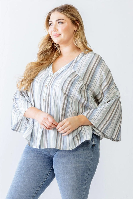 Junior Plus Light Blue Stripe Print Cotton Button-Up Flare Hem Top /3-2-1 - Tasha Apparel Wholesale