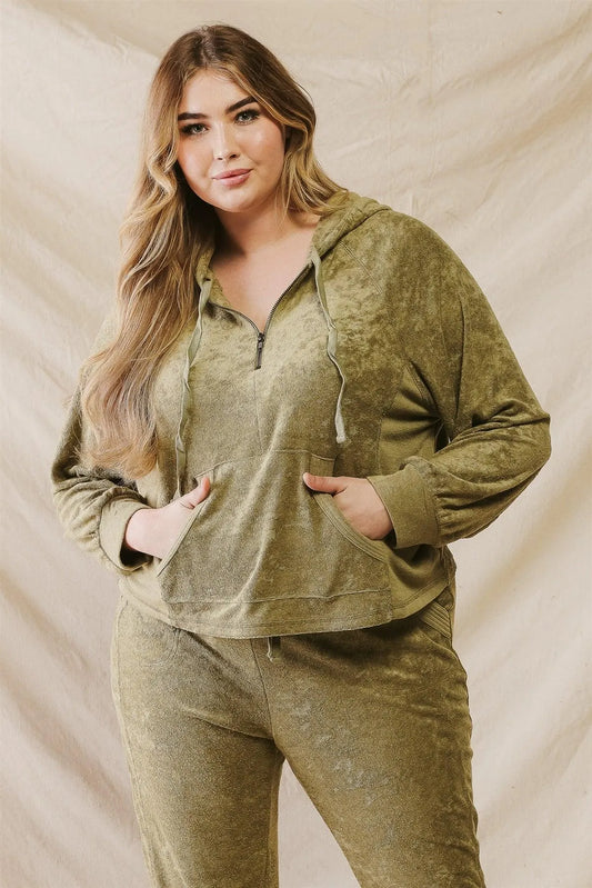 Junior Plus Olive Crush Velvet Zip-Up Long Sleeve Hoodie Sweatshirt /3-2-1 - Tasha Apparel Wholesale