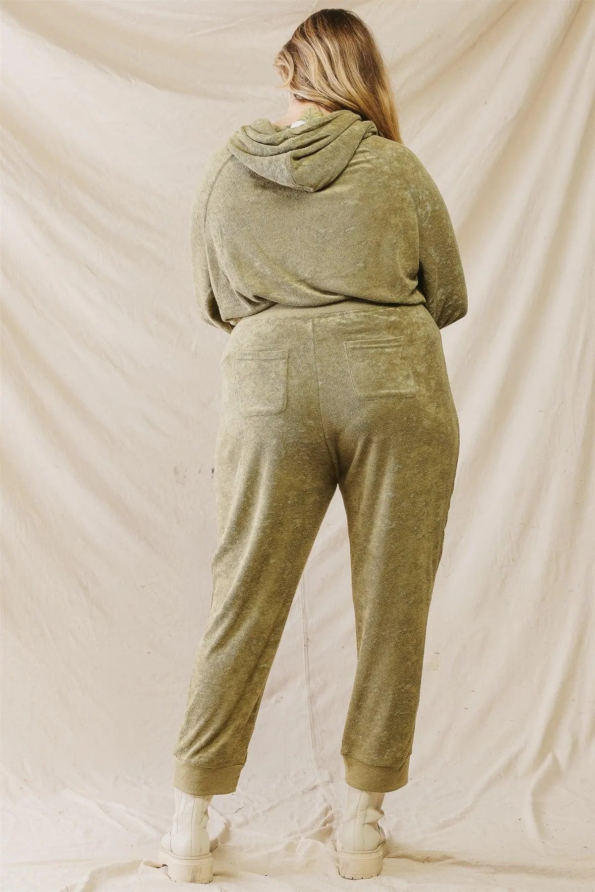 Junior Plus Olive Crush Velvet Zip-Up Long Sleeve Hoodie Sweatshirt /3-2-1 - Tasha Apparel Wholesale