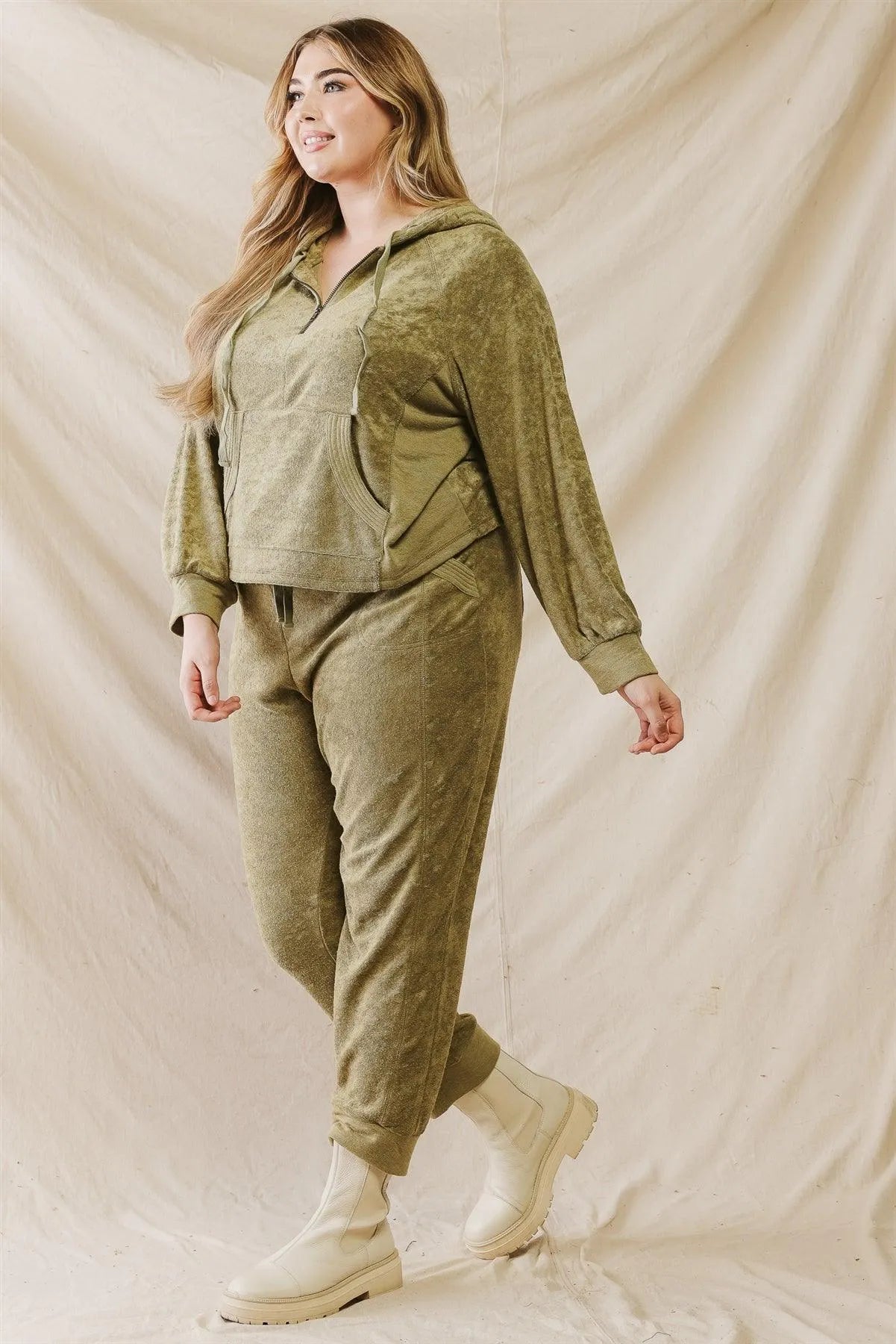 Junior Plus Olive Crush Velvet Zip-Up Long Sleeve Hoodie Sweatshirt /3-2-1 - Tasha Apparel Wholesale