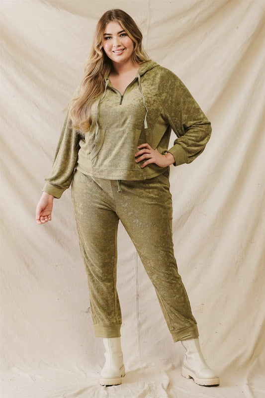 Junior Plus Olive Crush Velvet Zip-Up One Pocket Hooded Top & High Waist Pants Set /3-2-1 - Tasha Apparel Wholesale