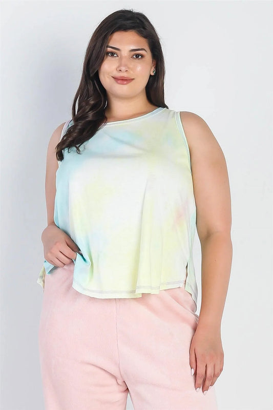 Junior Plus Lemon Mix Tie-Dye Round Neck Sleeveless Top /3-2-1 - Tasha Apparel Wholesale