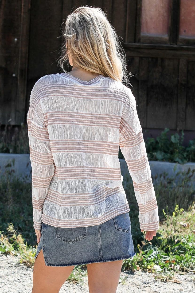 Tan Crochet Stripe Long Sleeve Semi-Sheer Top /2-2-2