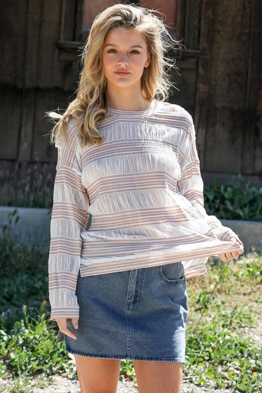 Tan Crochet Stripe Long Sleeve Semi-Sheer Top - Tasha Apparel Wholesale