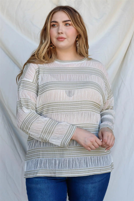 Plus Size Sage Crochet Stripe Long Sleeve Semi-Sheer Top - Tasha Apparel Wholesale