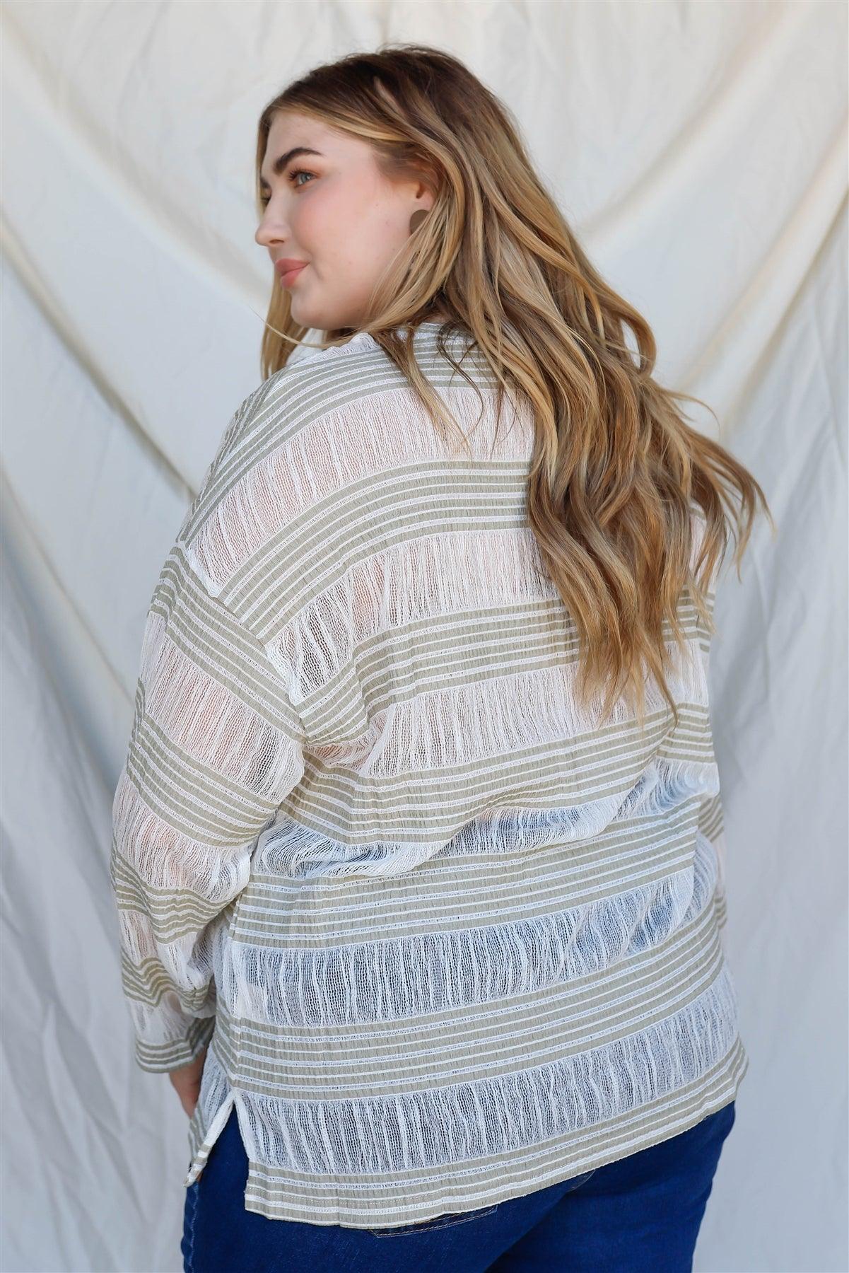 Junior Plus Sage Crochet Stripe Long Sleeve Semi-Sheer Top /2-2-1